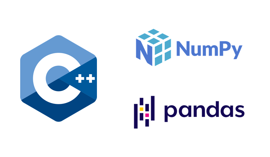 The NumPy and pandas logos re-implemented as C++ — the NumPy and pandas wordmarks beside the C++ logo.